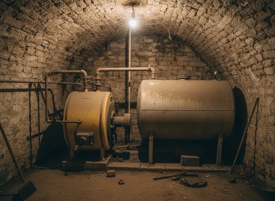 Vieille chaudière et cuve à fioul dans une cave